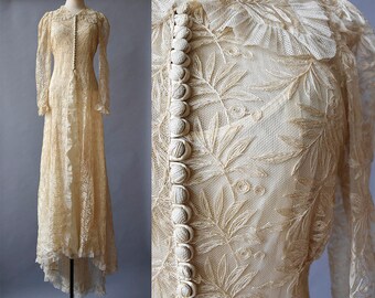 Edwardian Wedding Gown / True Antique Lace Gown / Late 1800s Wedding Gown / Handmade Lace Gown / Ivory Netted Gown