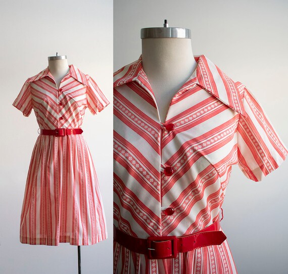 Vintage 1950s Shirt Dress / 1950s Red and White St