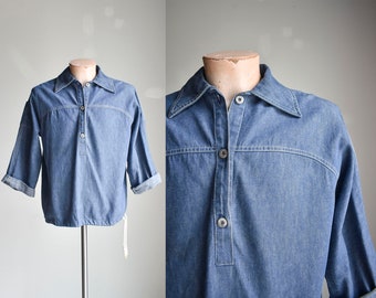 Vintage Geoffrey Beane Denim Shirt / The Beene Bag Denim Popover Top / Navy Inspired Denim Shirt / Vintage 80s Geoffrey Beane Shirt