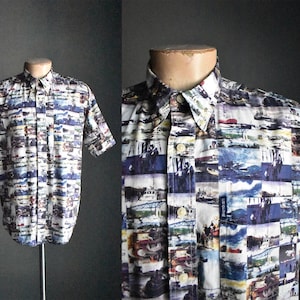 Vintage 1990s Mens Ralph Lauren Button Up Shirt / Vintage 90s Ship Shirt / Ship Boat Scene / 90s Ship Boat Button Down