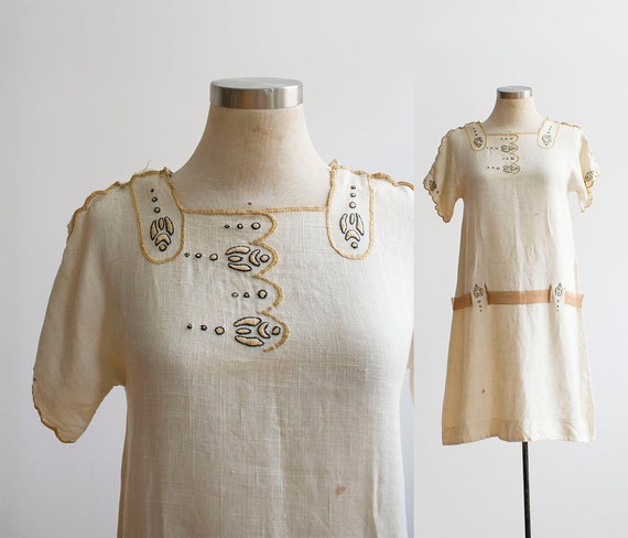 Vintage 1920s Handmade Linen Dress / Hand Embroide