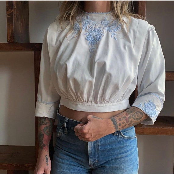 Vintage Edwardian Blouse / White Cotton Embroidere