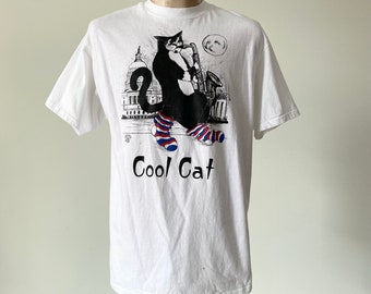 Vintage 1990s Cool Kat with Saxophone Tshirt / Vintage First Family Cat Tshirt / Vintage Clinton Era White House Tshirt / 90s Cat Lover Tee