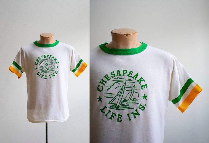 Vintage 1970s Athletic Shirt / Cheseapeake Bay Shirt / Chesapeake Life Insurance Shirt / Vintage Athletic Advertising Shirt / 70s Ringer Tee image 1