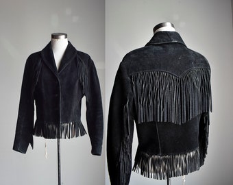 Vintage Black Suede Fringe Coat / Black Leather Fringe Coat / Black Leather Schott Jacket / Schott Fringe Leather Jacket Small