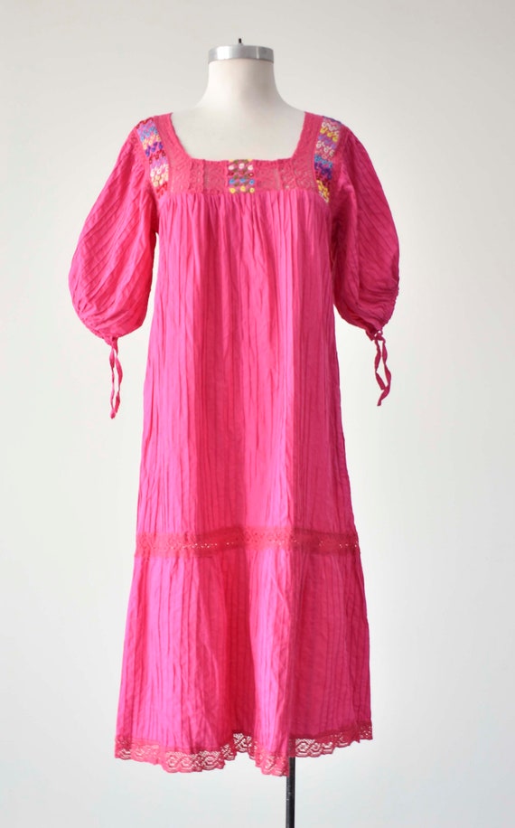 Vintage Bright Pink Cotton Embroidered Mexican Dr… - image 2