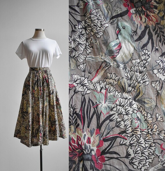 1970s A Line Bird Print Skirt