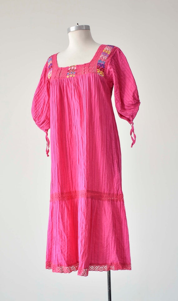 Vintage Bright Pink Cotton Embroidered Mexican Dr… - image 6