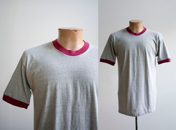 1980s Blank Ringer Tshirt / Vintage Gray Ringer Ts