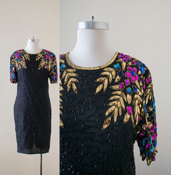 Vintage 1980s Cocktail Dress / Sequin Cocktail Dre