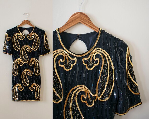 Black and Gold Sequin 1980s Cocktail Dress / Sequi