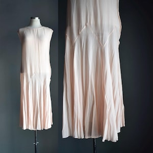 1920s Pale Pink Gown / 20s Pale Pink Silk Drop Waist Dress / Antique Pink Sheer Dress with Zig Zag Waistline / Real 1920s Flapper Dress
