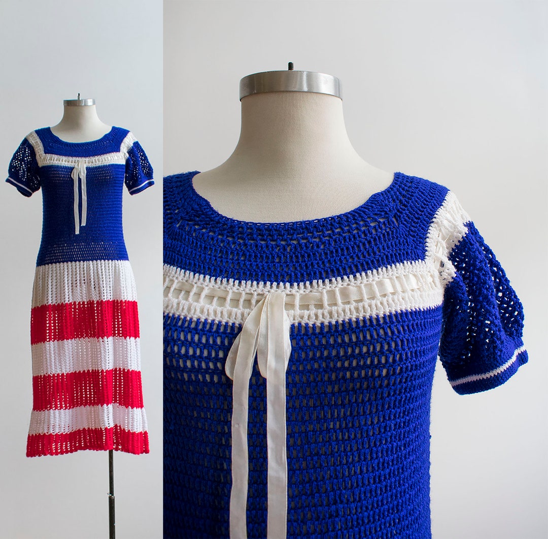Vintage 1970s Crochet Dress / Red White and Blue Crochet Dress Etsy