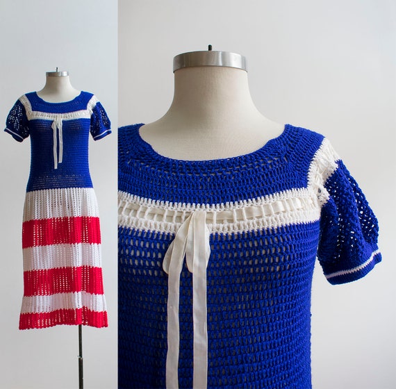 Vintage 1970s Crochet Dress / Red White and Blue C