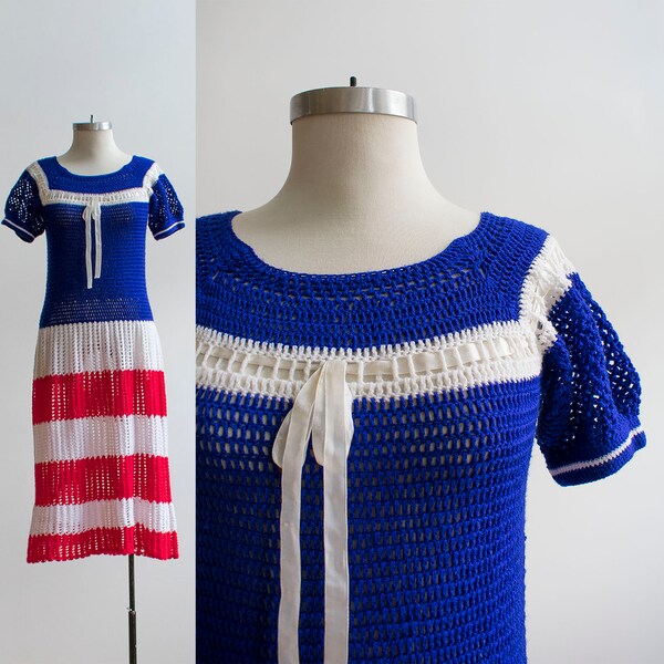 Vintage 1970s Crochet Dress / Red White and Blue Crochet Dress / Vintage Fourth of July Dress / Crochet Hippie Dress / Crochet Knit Dress