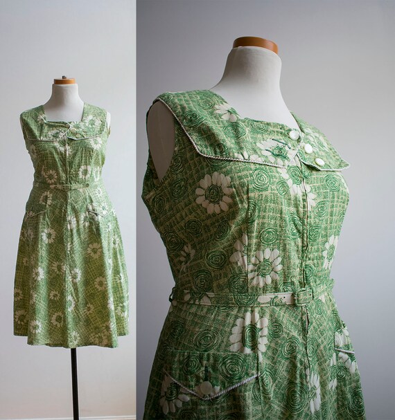 Vintage 1950s Shirt Dress / 1950s Green Floral Dre