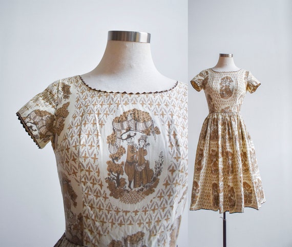 1950s Renaissance Print Party Dress