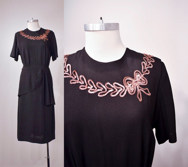 1940s Black Cocktail Dress with Sequin Bow Neckline image 1