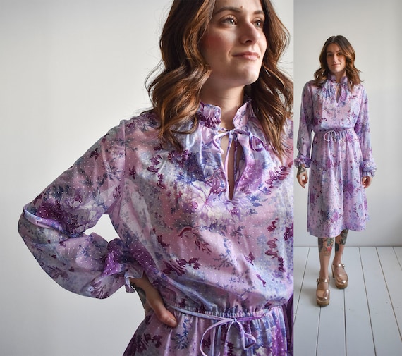 1970s Purple Floral Shirt Dress