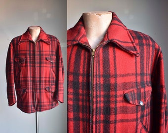 1940s Soo Wool Plaid Hunting Jacket / Vintage 40s Red Plaid Wool Hunting Jacket / Vintage 40s Wool Plaid Hunting Coat