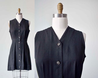 Vintage 1960s Black Wool Gym Uniform / Button Up Mini Dress / 60s School Gym Uniform Small / Black Vintage Gym Dress Small