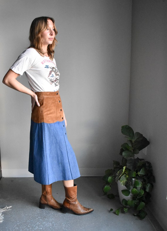 Vintage Suede & Denim A Line Skirt - image 6