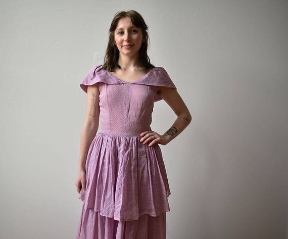 Vintage 1940s Gown / Purple Swiss Dot Gown / Polka