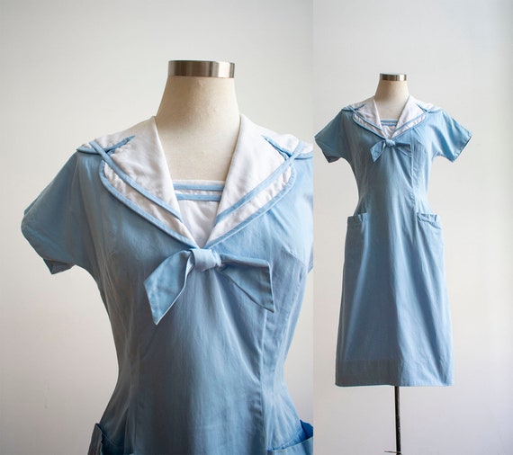 Vintage 1940s Sailor Dress / Blue and White Cotton