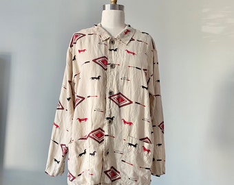 Vintage Linen Native Print Blouse / Vintage Southwestern Blouse / Vintage Linen Blouse with Pockets / Vintage Chicos Linen Top