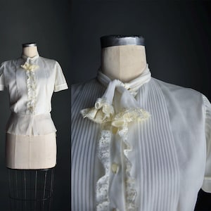 1950s White Pleated Blouse  w/ Tie / Vintage White Blouse Small / Tie Neck Vintage Blouse / Sheer 1950s Blouse