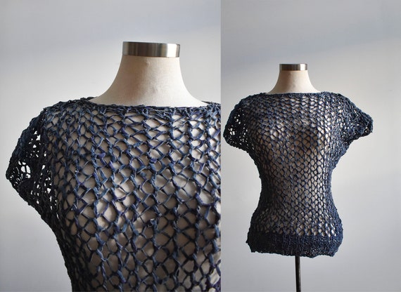 1970s Blue Suede Knotted Cage Sweater