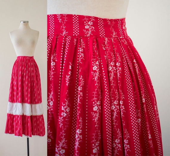 Vintage 1970s Prairie Skirt / Red and White Skirt