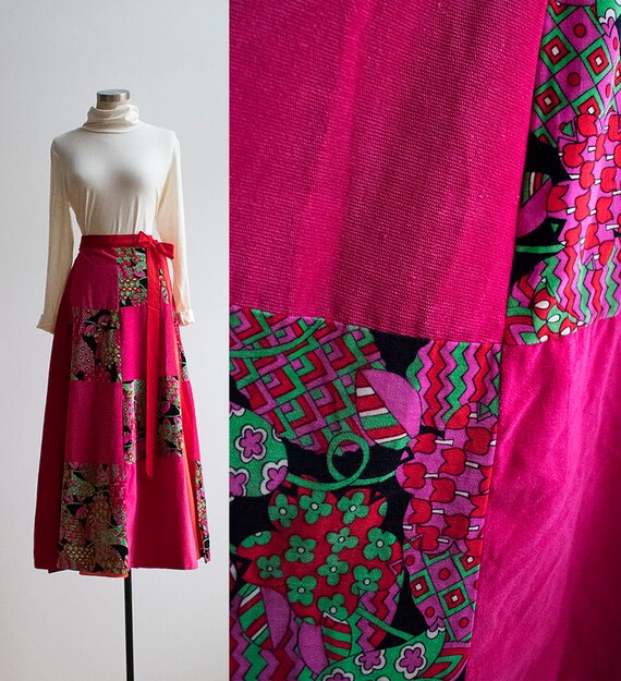 Vintage 1970s Maxi Skirt / Bright Pink Velour Skir