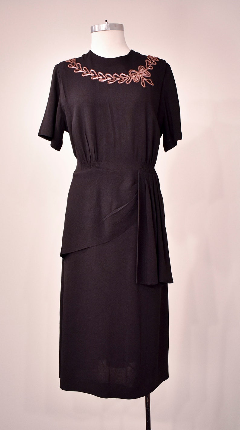 1940s Black Cocktail Dress with Sequin Bow Neckline image 2