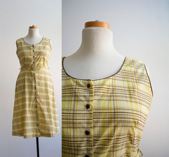 Vintage 1950s Yellow and Brown Plaid Dress / Vinta
