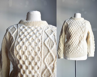 Vintage Irish Wool Knit Sweater / Vintage Cable Knit Sweater / Heavy Cream Wool Sweater / Irish Wool Knit Sweater Medium Large