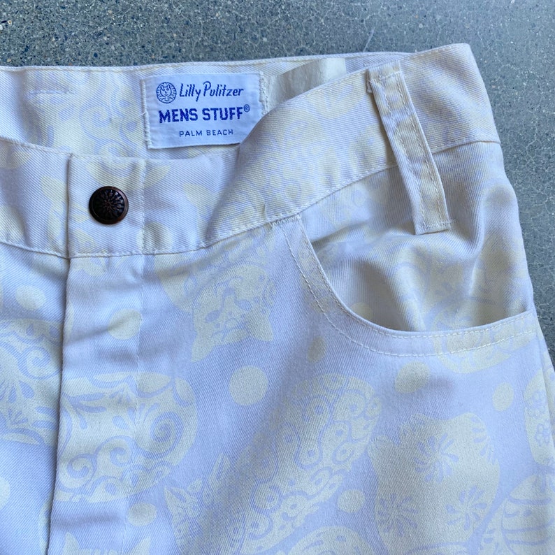 RARE 70s Lilly Pulitzer Mens Bell Bottom Pants / Vtg Lilly Pulitzer White Cat Print Bell Bottoms / Lilly Pulitzer Mens Stuff Bell Bottoms image 2