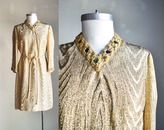 1960s Gold Lame Cocktail Dress / Vintage 60s Gold Party Dress / Vintage 60s Gold Tent Dress / 60s Bright Gold Party Dress Medium