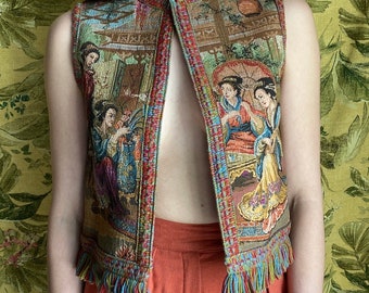 Vintage Tapestry Vest / Saks Fifth Avenue Tapestry Vest / Vintage Woven Vest / Tapestry Vest w Fringe