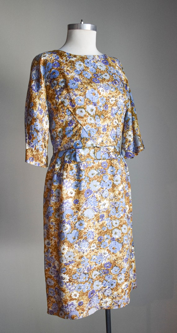 1950s Blue Floral Cocktail Dress - image 4