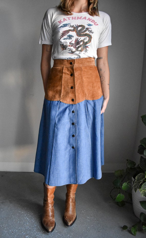 Vintage Suede & Denim A Line Skirt - image 2