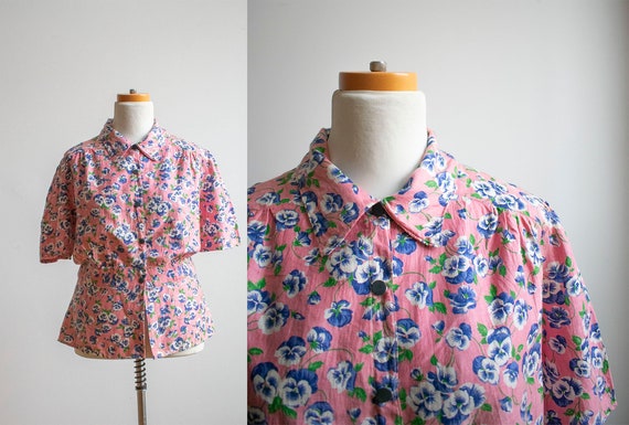 Vintage Cotton Floral Blouse / Vintage 1930s 1940s