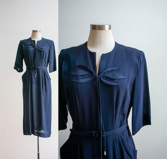 Vintage 1940s Cocktail Dress / Navy Blue 1940s Coc