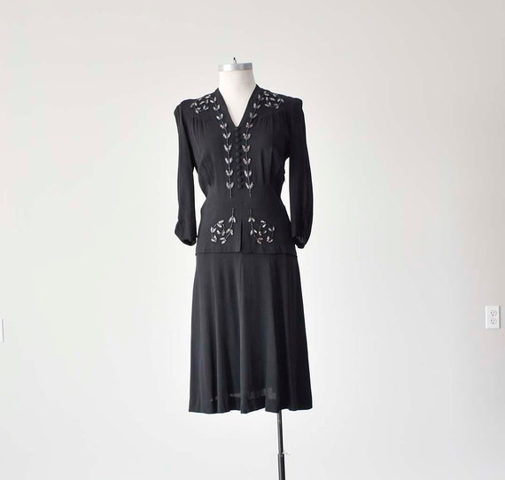 1940s Black Cocktail Dress / Black Beaded Cocktai… - image 1