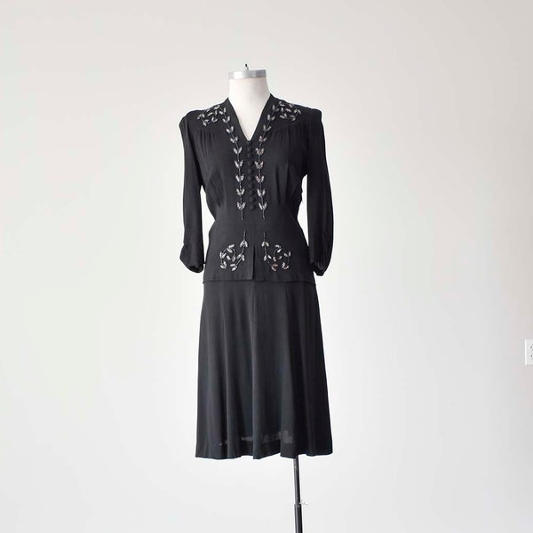 1940s Black Cocktail Dress / Black Beaded Cocktail Dress / 1940s Formal Dress / 40s Rayon Crepe Dress / Beaded WWII Era Dress Medium