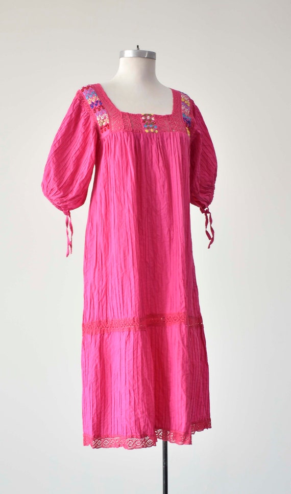 Vintage Bright Pink Cotton Embroidered Mexican Dr… - image 3