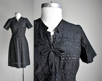 1950s Black Eyelet Lace Cocktail Dress