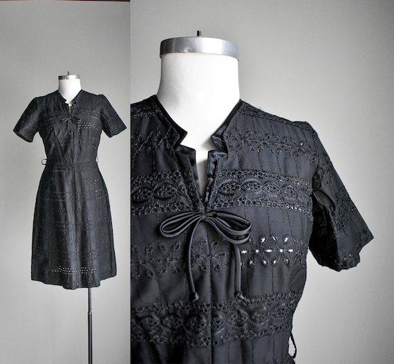 1950s Black Eyelet Lace Cocktail Dress - image 1