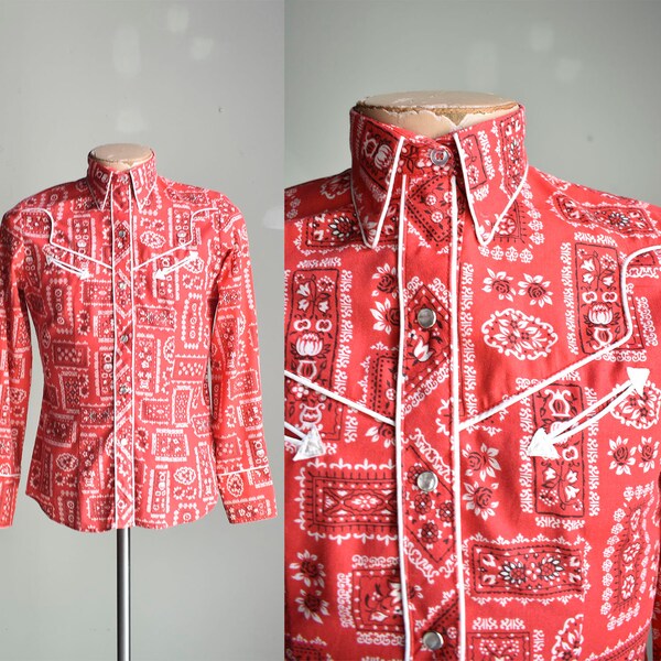 Vintage Red Bandana Print Western Snap Up / Western Wear Shirt / Vintage Bandana Print Western Snap Up Shirt / Sheplers Western Shirt Small