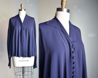 Vintage 1940s Navy Blue Blouse / 1940s Smocked Swing Blouse / 1940s Blue Smocked Blouse / 40s Evening Blouse / 40s Blue Blouse Medium Large